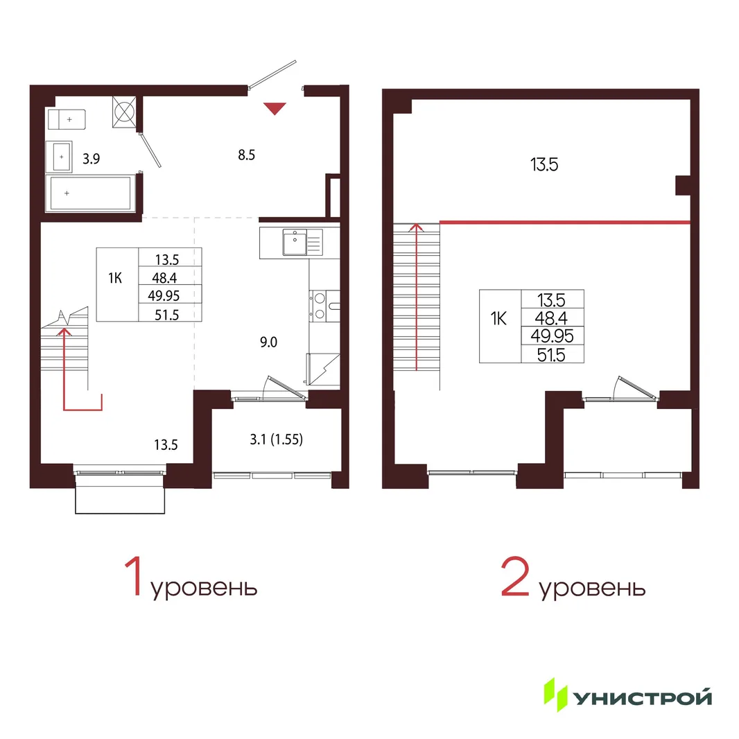 Планировка 1-комн. квартира, 49.95 м² ЖК «Лисино»