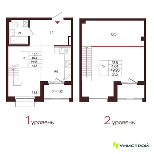 Планировка 1-комн. квартира, 49.95 м² ЖК «Лисино»