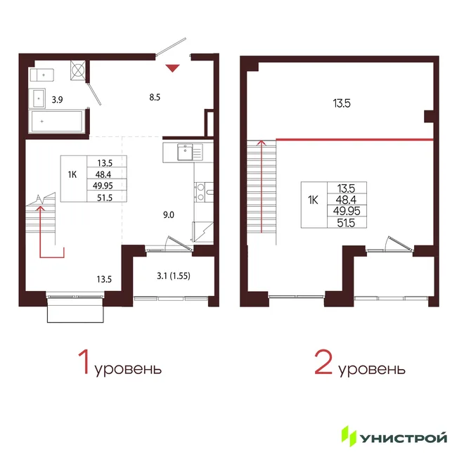 Планировка 1-комн. квартира, 49.95 м² ЖК «Лисино» Планировка 1-комн. квартира, 49.95 м² ЖК «Лисино»