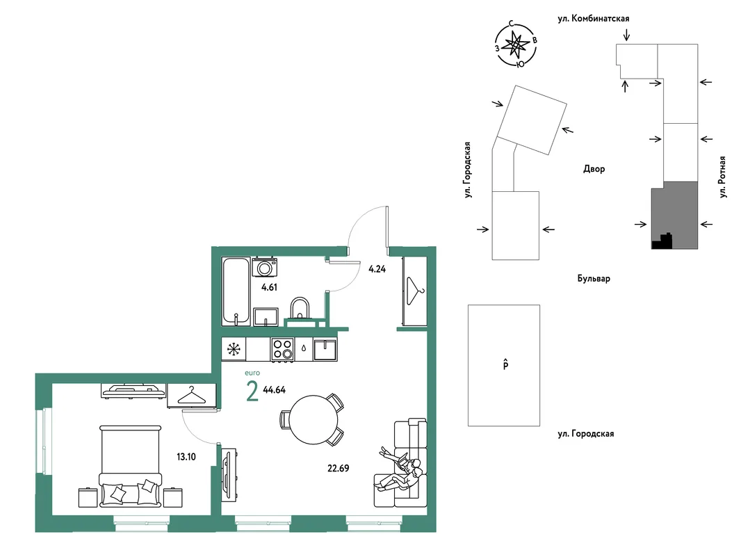 Планировка 2-комн. квартира, 44.64 м² ЖК «Уральский сад»
