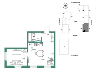 Планировка 2-комн. квартира, 44.64 м² ЖК «Уральский сад»