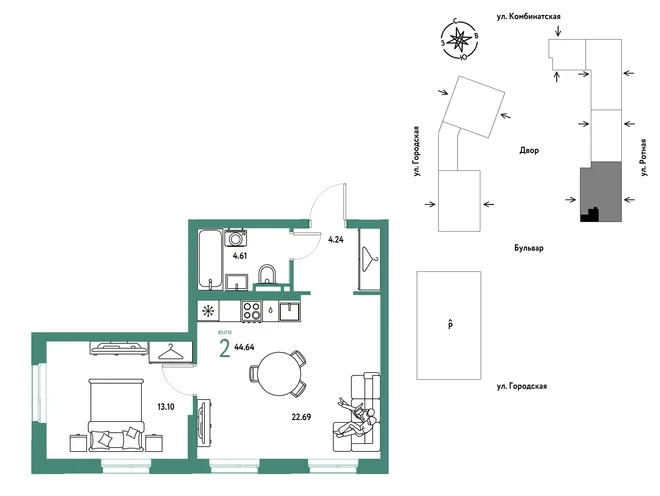Планировка 2-комн. квартира, 44.64 м² ЖК «Уральский сад» Планировка 2-комн. квартира, 44.64 м² ЖК «Уральский сад»