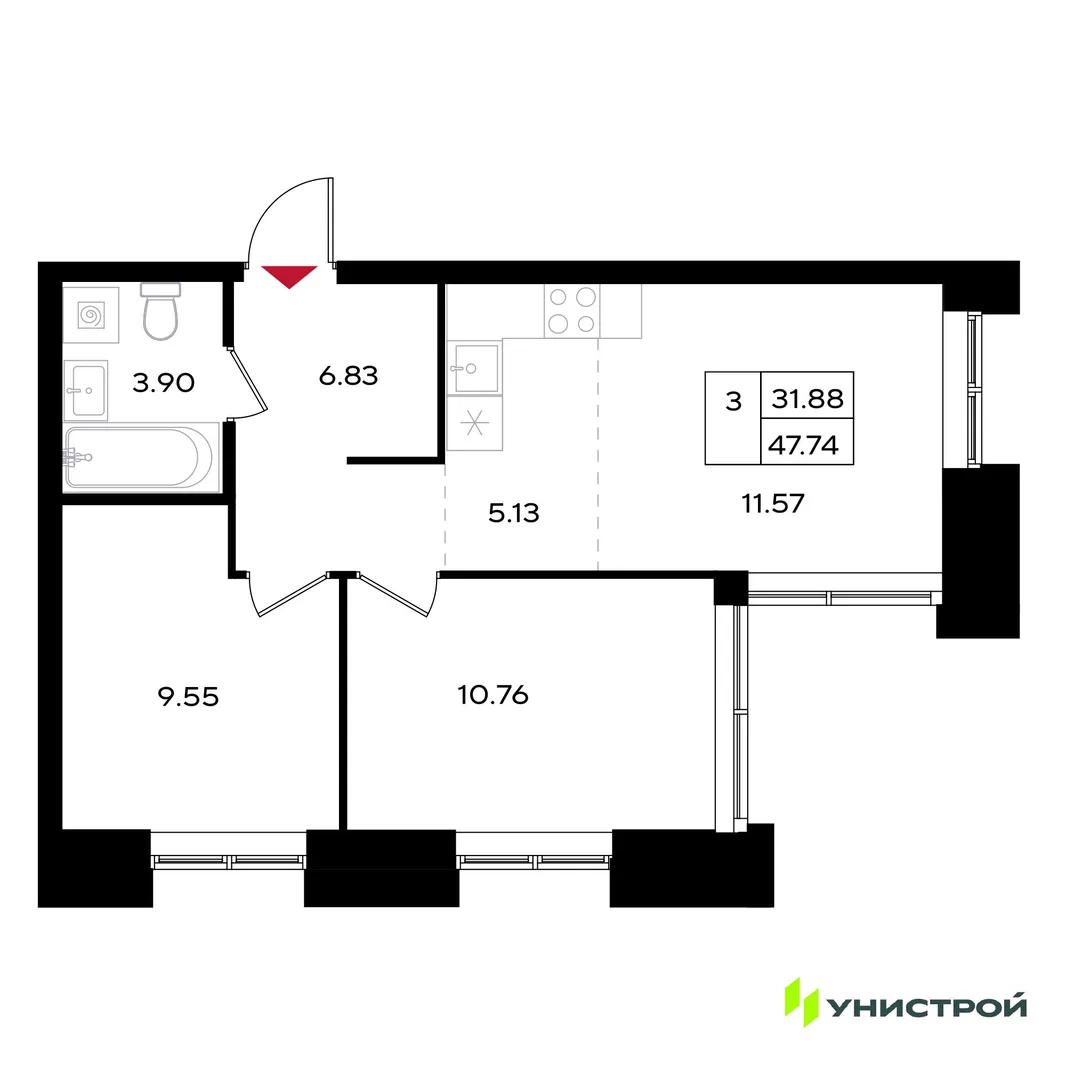 Планировка 3-комн. квартира, 47.74 м² ЖК «Уникум на Энгельса»