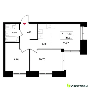 Планировка 3-комн. квартира, 47.74 м² ЖК «Уникум на Энгельса»