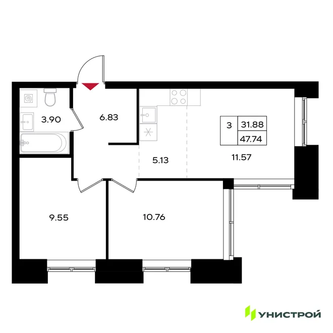 Планировка 3-комн. квартира, 47.74 м² ЖК «Уникум на Энгельса» Планировка 3-комн. квартира, 47.74 м² ЖК «Уникум на Энгельса»