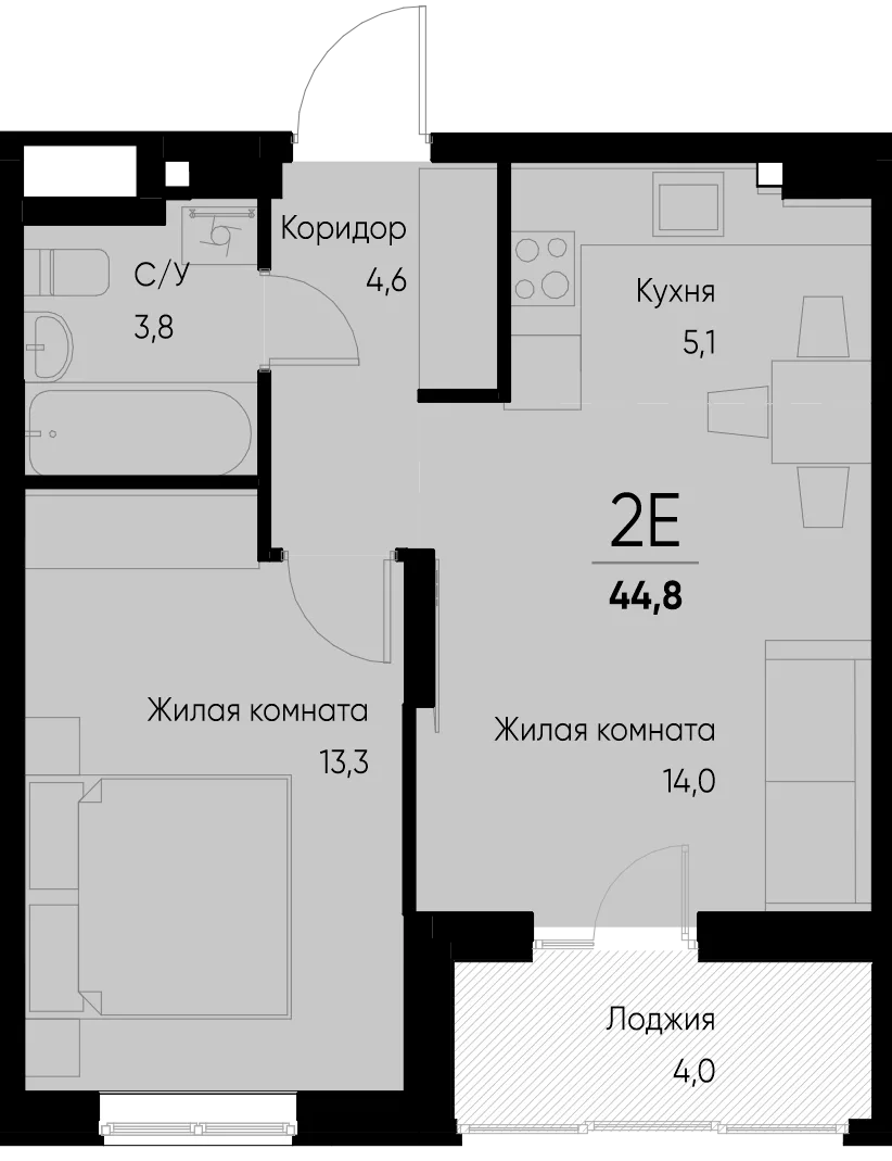 Планировка 2-комн. квартира, 44.8 м² ЖК «Васильевский остров»