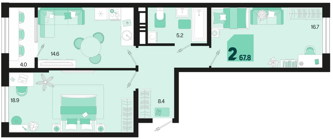 Планировка 2-комн. квартира, 67.8 м² ЖК «Первое место»