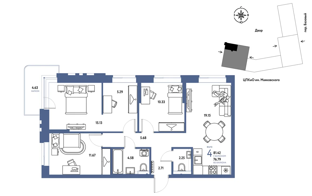 Планировка 4-комн. квартира, 81.42 м² ЖК «Сибирский сад»