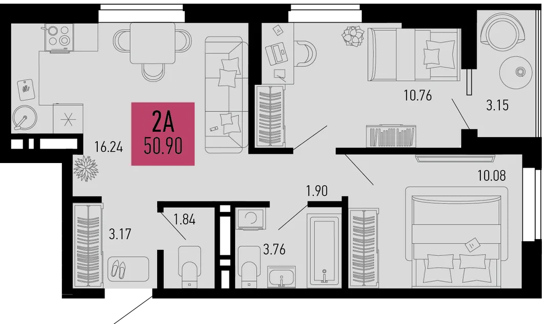 Планировка 2-комн. квартира, 50.9 м² ЖК «Столицыно»