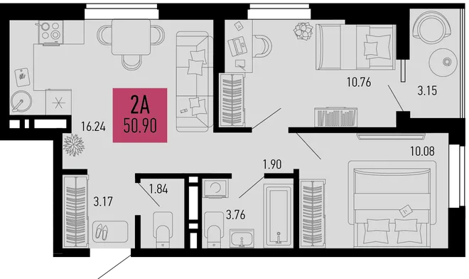 Планировка 2-комн. квартира, 50.9 м² ЖК «Столицыно» Планировка 2-комн. квартира, 50.9 м² ЖК «Столицыно»