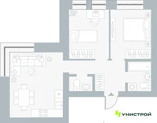 Планировка 2-комн. квартира, 53.38 м² ЖК «Причал»
