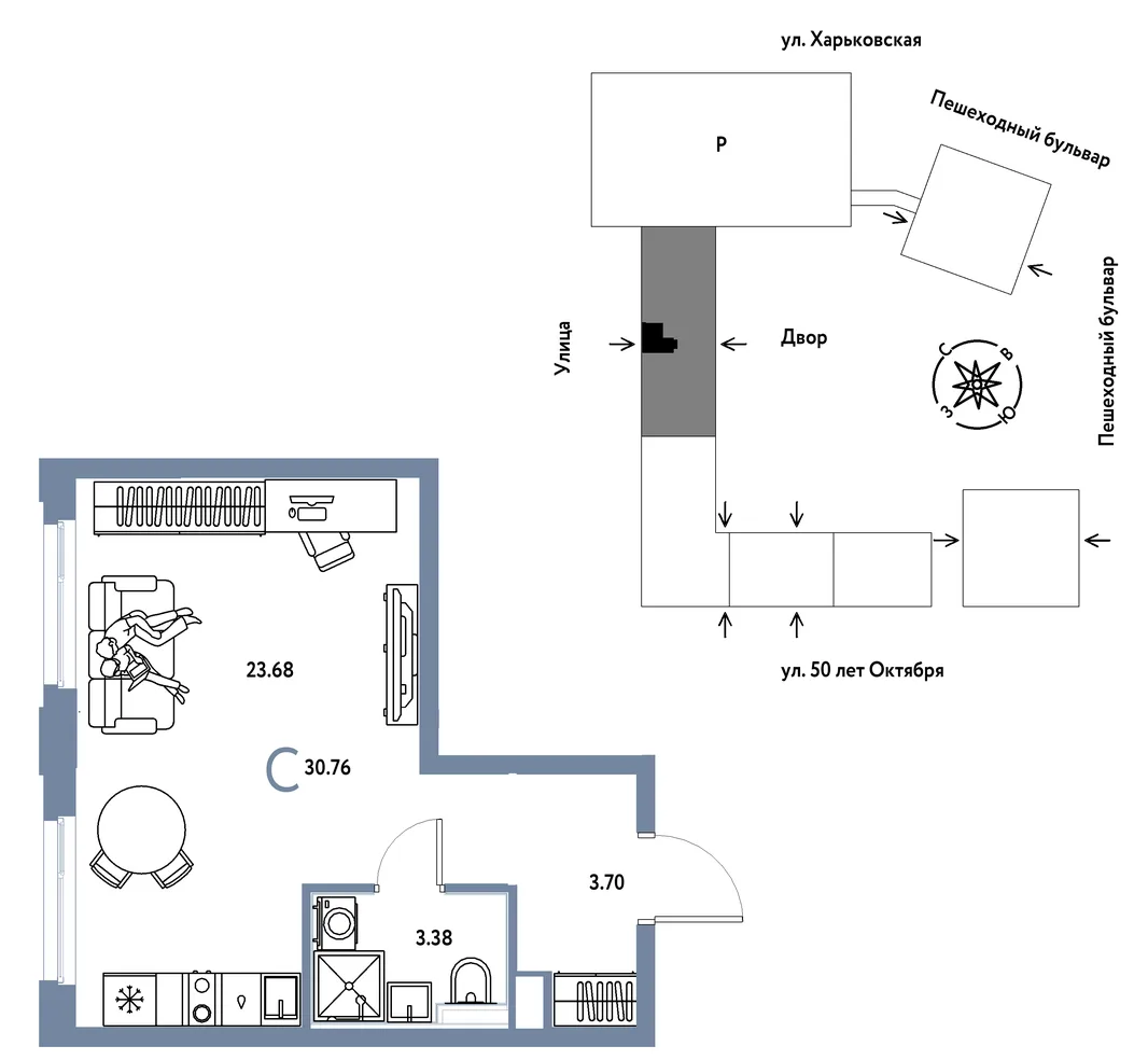 Планировка Студия, 30.76 м² ЖК «Сердце Сибири»