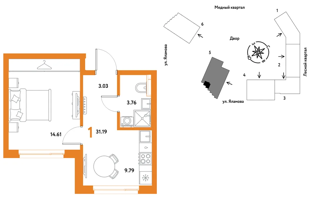 Планировка 1-комн. квартира, 31.19 м² ЖК «Сибирский сад»