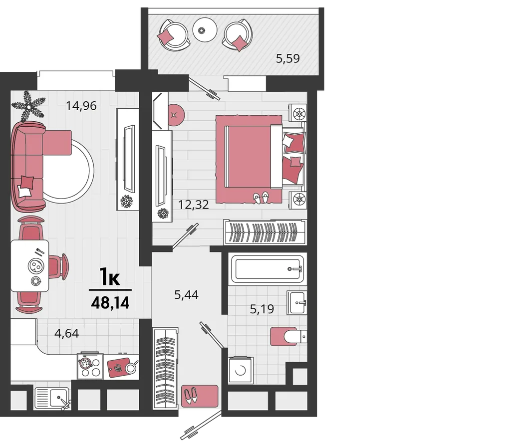Планировка 2-комн. квартира, 48.14 м² ЖК «Родные просторы»
