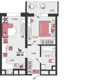 Планировка 2-комн. квартира, 48.14 м² ЖК «Родные просторы»