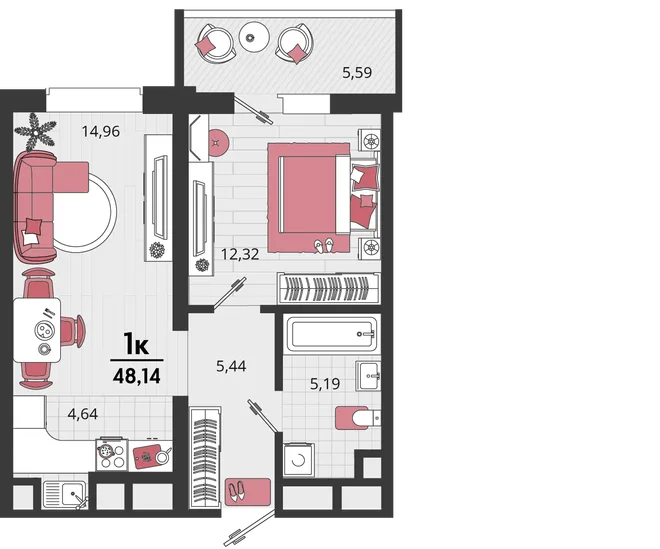 Планировка 2-комн. квартира, 48.14 м² ЖК «Родные просторы» Планировка 2-комн. квартира, 48.14 м² ЖК «Родные просторы»