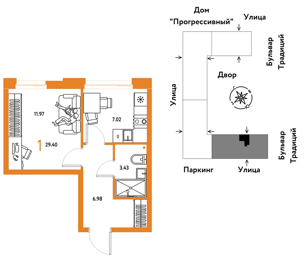 Планировка 1-комн. квартира, 29.4 м² ЖК «Микрорайон Домашний»
