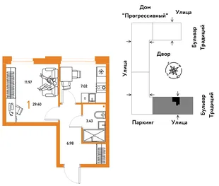 Планировка 1-комн. квартира, 29.4 м² ЖК «Микрорайон Домашний»