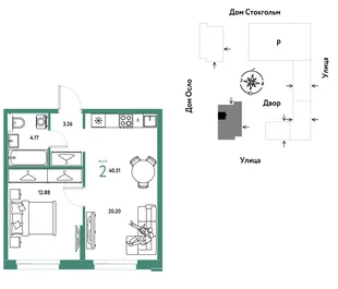 Планировка 2-комн. квартира, 40.51 м² ЖК «Европейский берег 2.0»