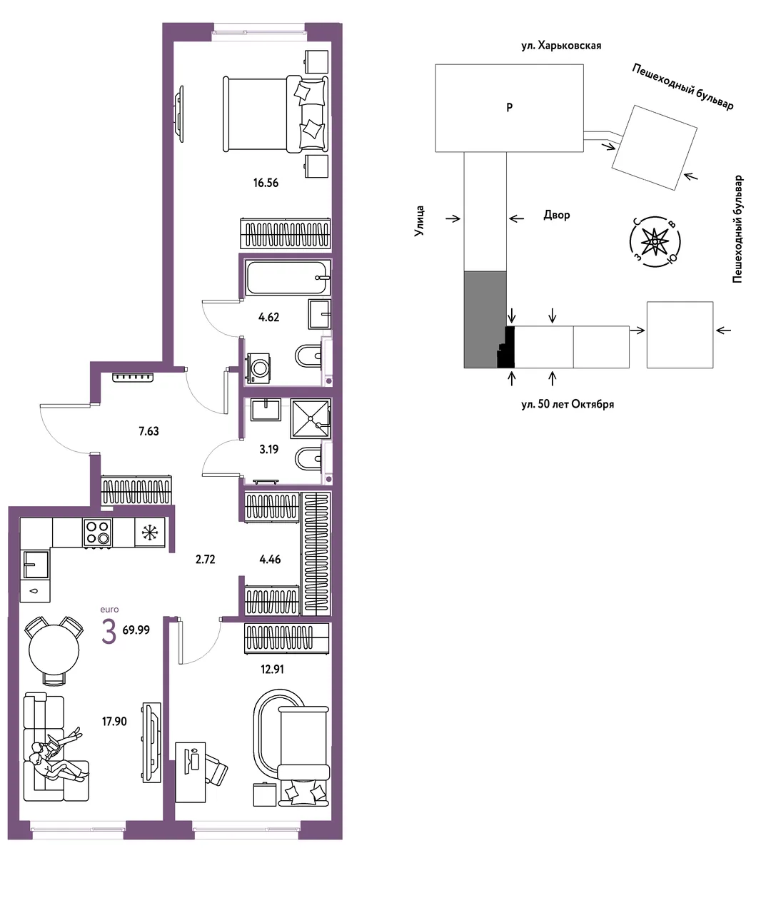Планировка 3-комн. квартира, 69.99 м² ЖК «Сердце Сибири»