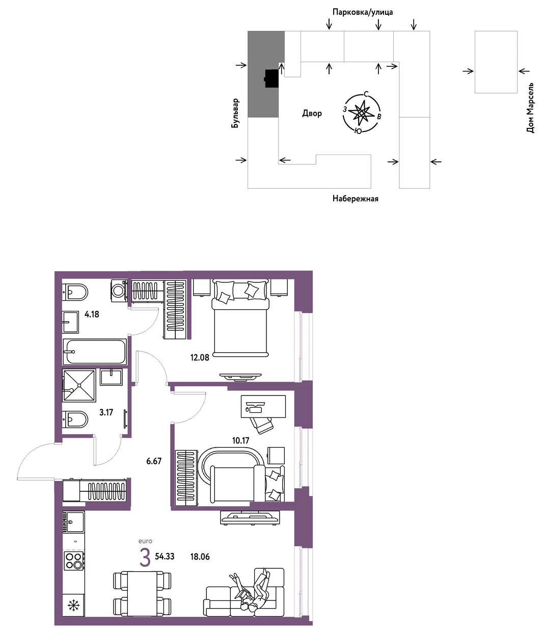 Планировка 3-комн. квартира, 54.33 м² ЖК «Европейский берег 2.0»