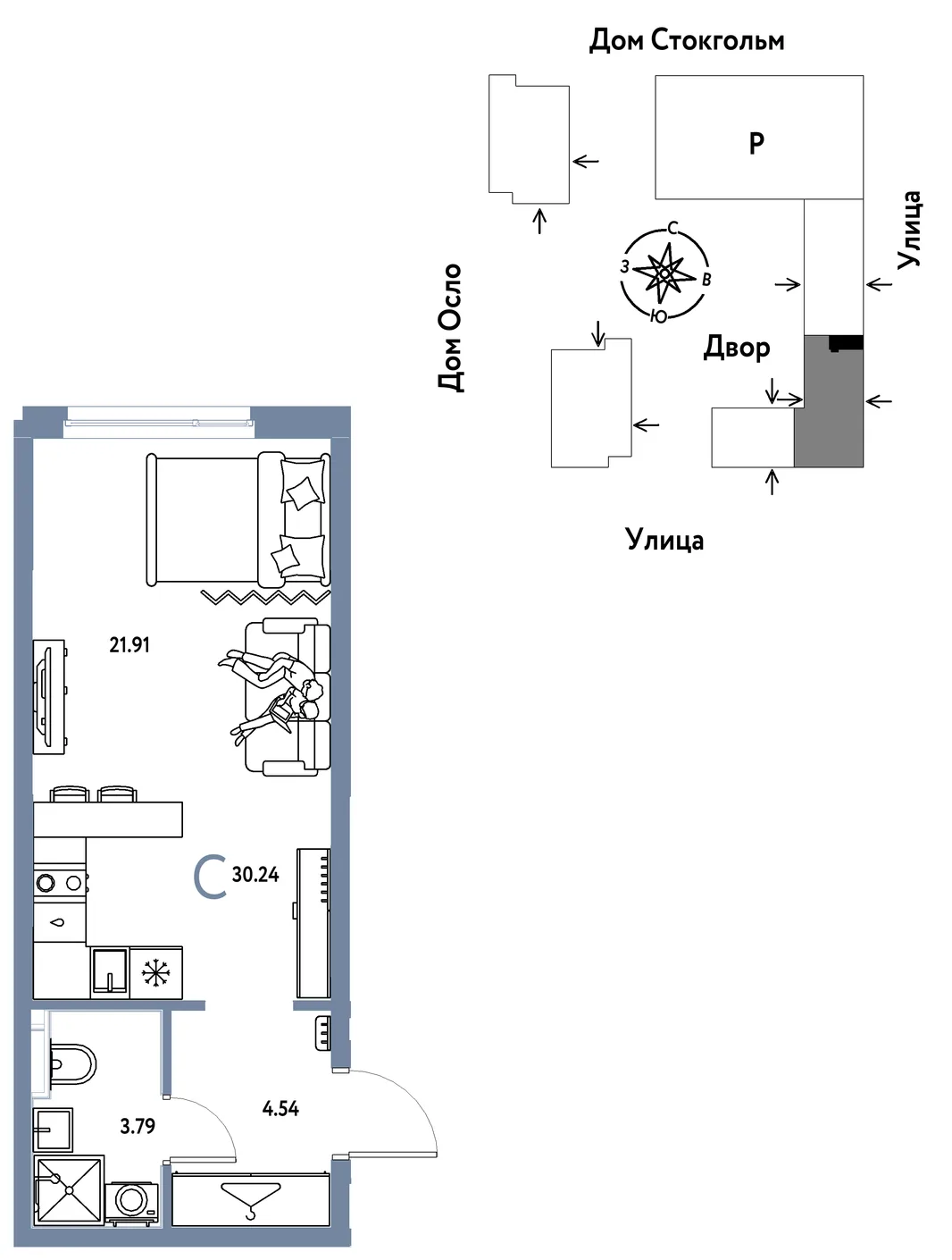 Планировка Студия, 30.24 м² ЖК «Европейский берег 2.0»