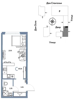Планировка Студия, 30.24 м² ЖК «Европейский берег 2.0»