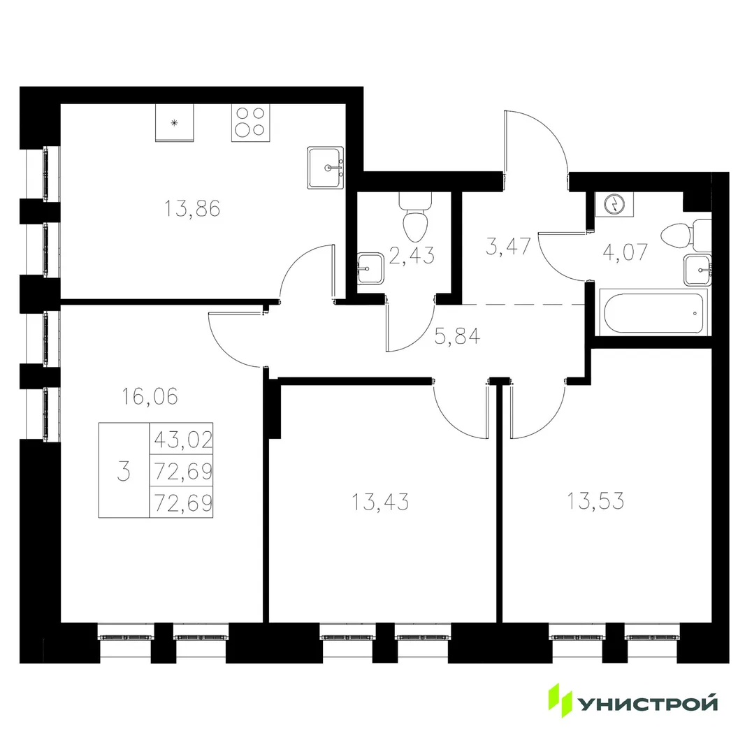 Планировка 3-комн. квартира, 72.69 м² ЖК «Statum»