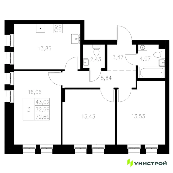 Планировка 3-комн. квартира, 72.69 м² ЖК «Statum» Планировка 3-комн. квартира, 72.69 м² ЖК «Statum»