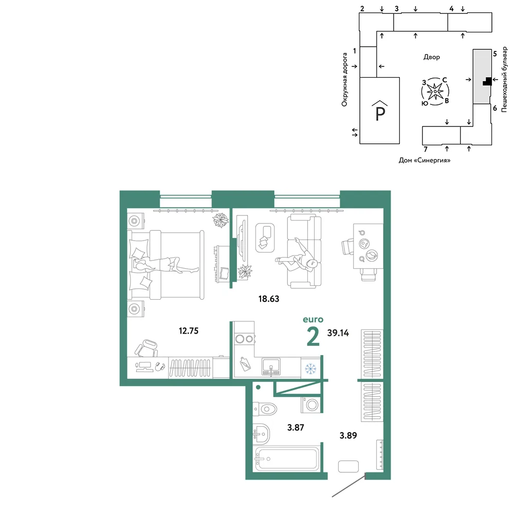 Планировка 2-комн. квартира, 39.14 м² ЖК «Юнион»