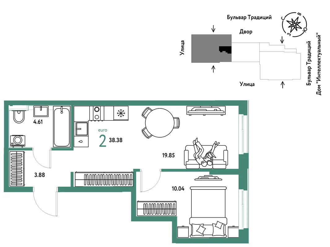 Планировка 2-комн. квартира, 38.38 м² ЖК «Микрорайон Домашний»