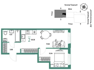 Планировка 2-комн. квартира, 38.38 м² ЖК «Микрорайон Домашний»