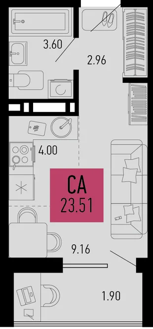 Планировка Студия, 23.51 м² ЖК «Столицыно»