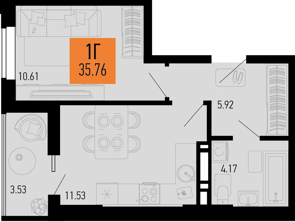 Планировка 1-комн. квартира, 35.76 м² ЖК «Столицыно»