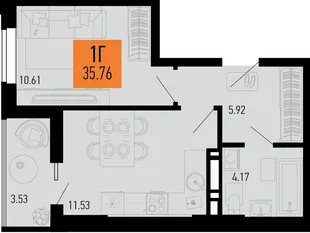 Планировка 1-комн. квартира, 35.76 м² ЖК «Столицыно»