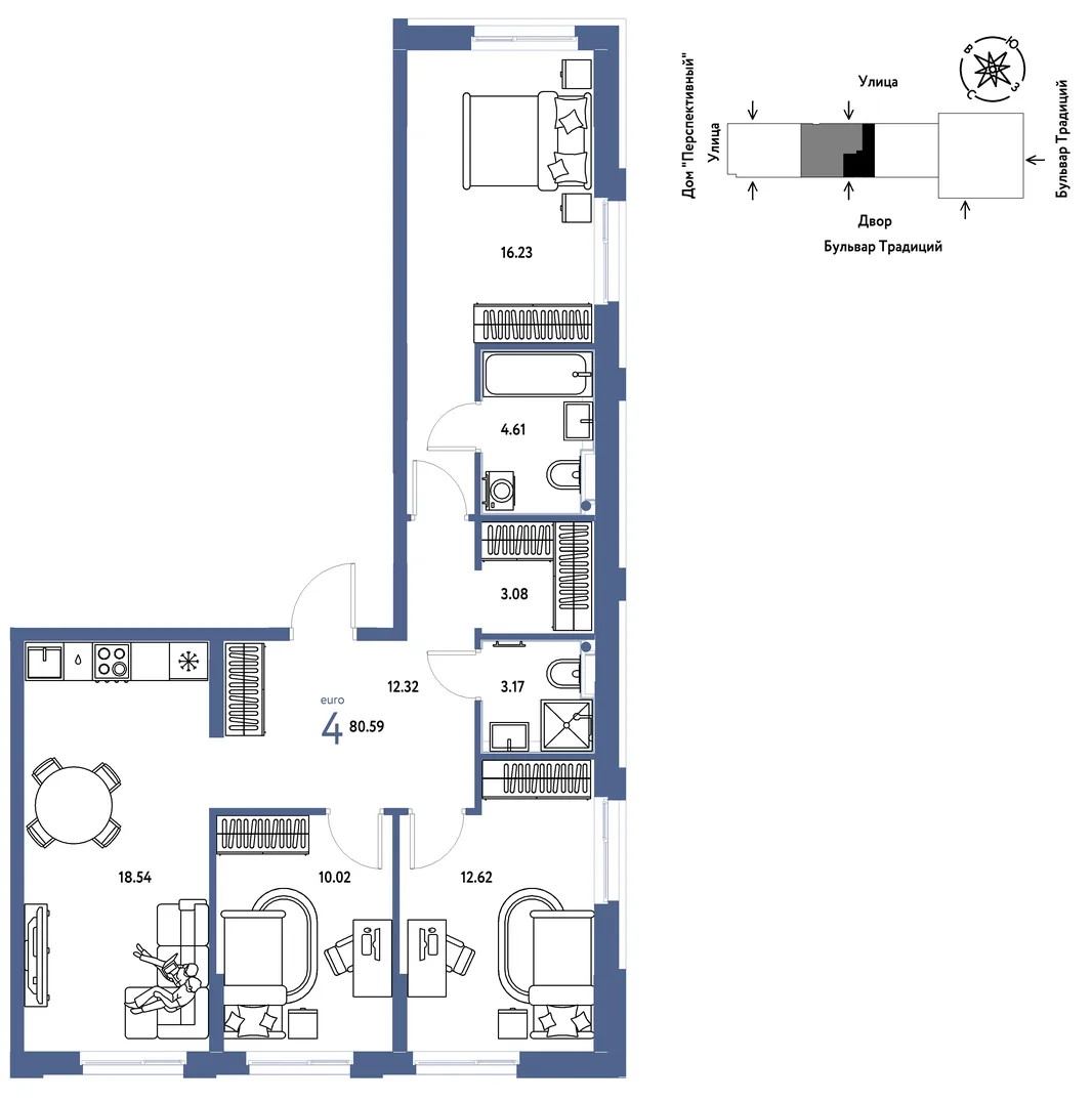 Планировка 4-комн. квартира, 80.59 м² ЖК «Микрорайон Домашний»
