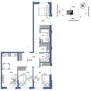 Планировка 4-комн. квартира, 80.59 м² ЖК «Микрорайон Домашний»