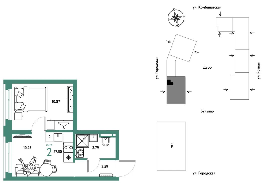 Планировка 2-комн. квартира, 27.5 м² ЖК «Уральский сад»