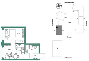 Планировка 2-комн. квартира, 27.5 м² ЖК «Уральский сад»
