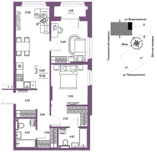 Планировка 3-комн. квартира, 72.87 м² ЖК «Страна Прибрежная»