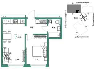 Планировка 2-комн. квартира, 43.54 м² ЖК «Страна Прибрежная»