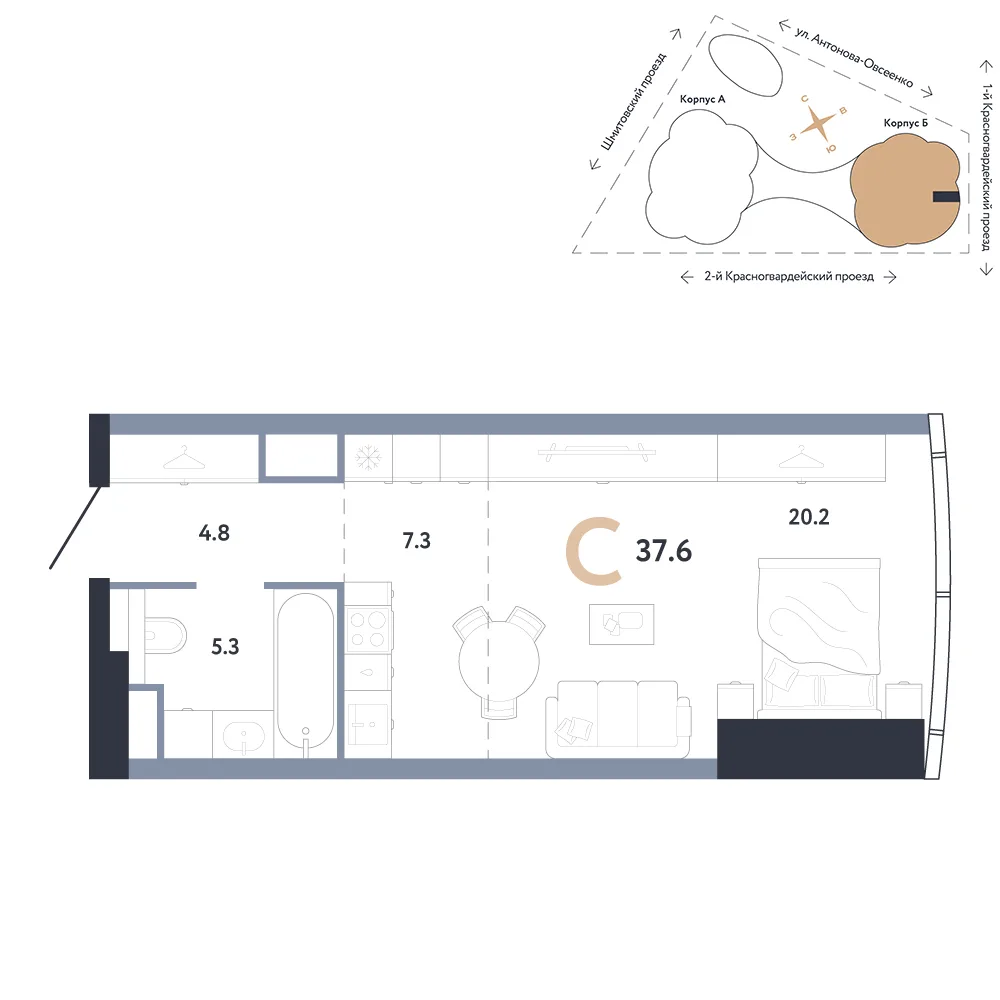 Планировка Студия, 37.6 м² ЖК «АУРУС Резиденции»