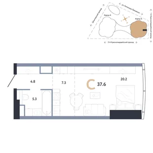 Планировка Студия, 37.6 м² ЖК «АУРУС Резиденции»