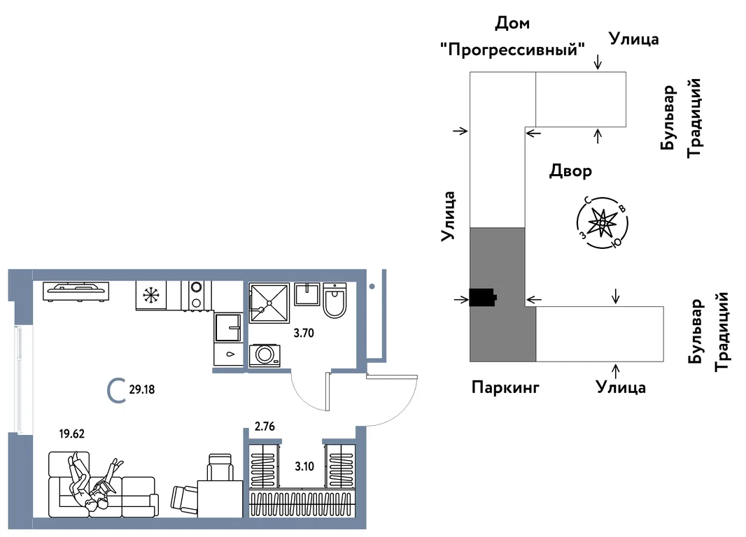 Планировка Студия, 29.18 м² ЖК «Микрорайон Домашний»