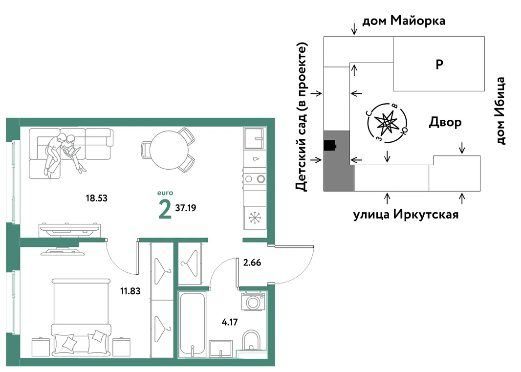 Планировка 2-комн. квартира, 37.19 м² ЖК «Остров-сад»