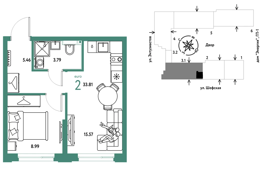 Планировка 2-комн. квартира, 33.81 м² ЖК «Страна.Энтузиастов»