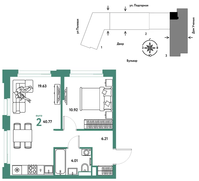 Планировка 2-комн. квартира, 40.86 м² ЖК «Авторский» Планировка 2-комн. квартира, 40.86 м² ЖК «Авторский»