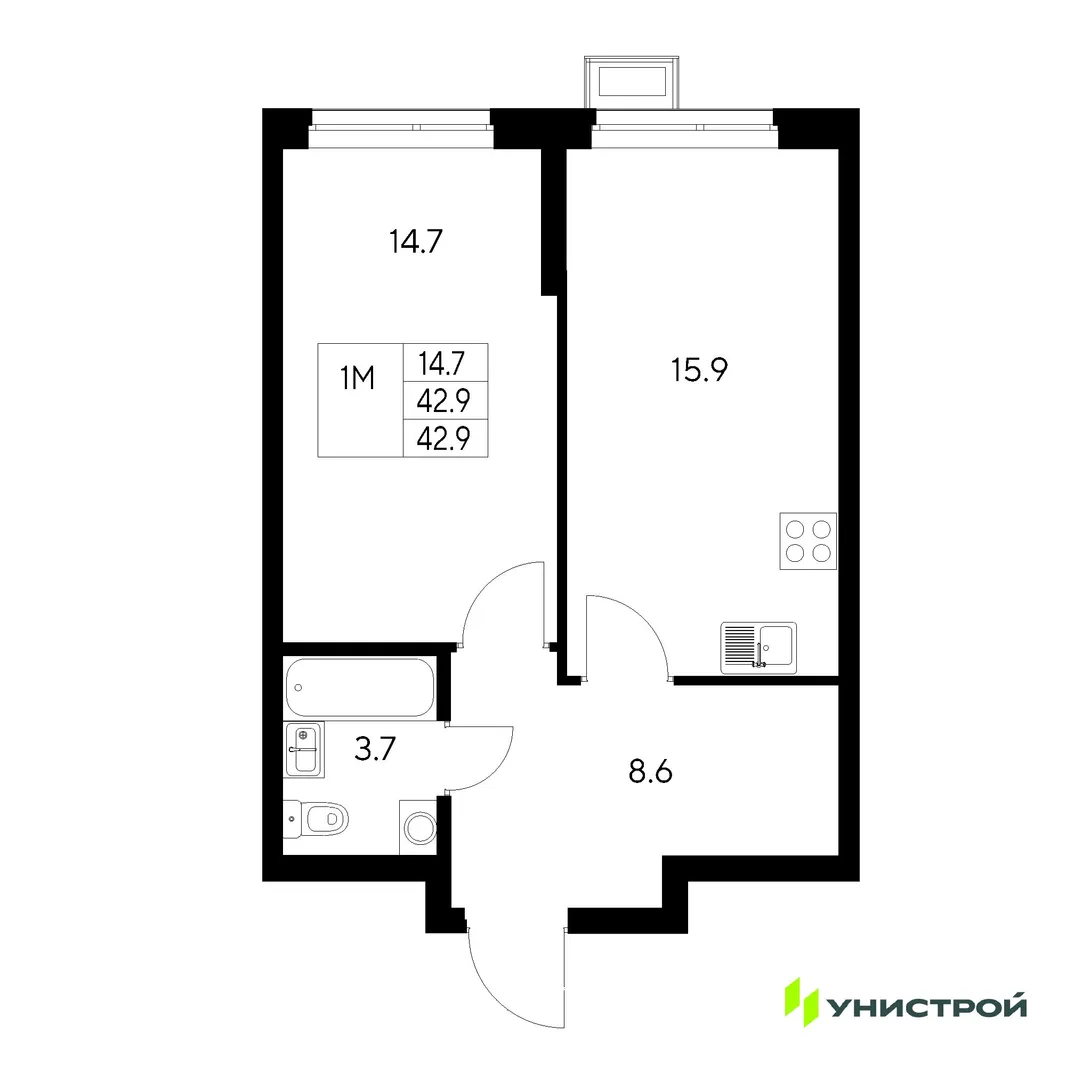 Планировка 1-комн. квартира, 42.9 м² ЖК «Стадиум»