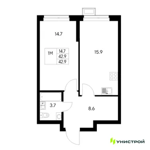 Планировка 1-комн. квартира, 42.9 м² ЖК «Стадиум»