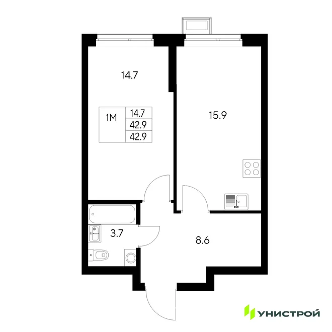 Планировка 1-комн. квартира, 42.9 м² ЖК «Стадиум» Планировка 1-комн. квартира, 42.9 м² ЖК «Стадиум»